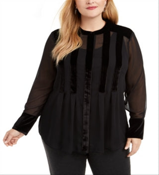 Alfani Women's  Velvet Long Sleeve Jewel Neck Blouse Top Black Size 0X