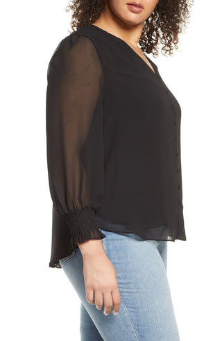 1STATE Womens Smocked Detail Button up Shirt Black Size 2X