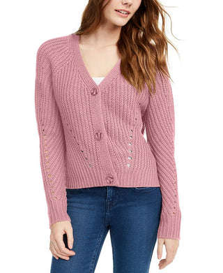 Pink Rose Junior's Eyelet Cardigan Sweater Pink Size Large