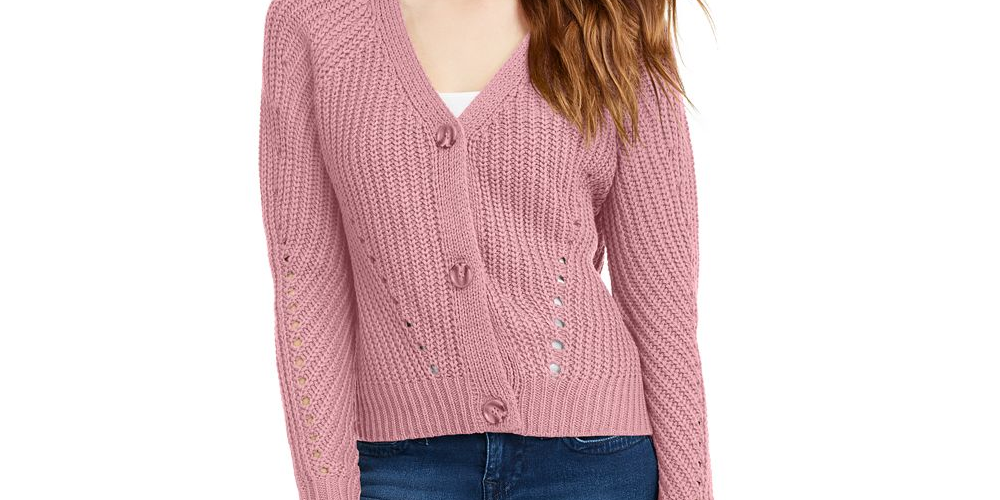 Pink Rose Junior's Eyelet Cardigan Sweater Pink Size Large