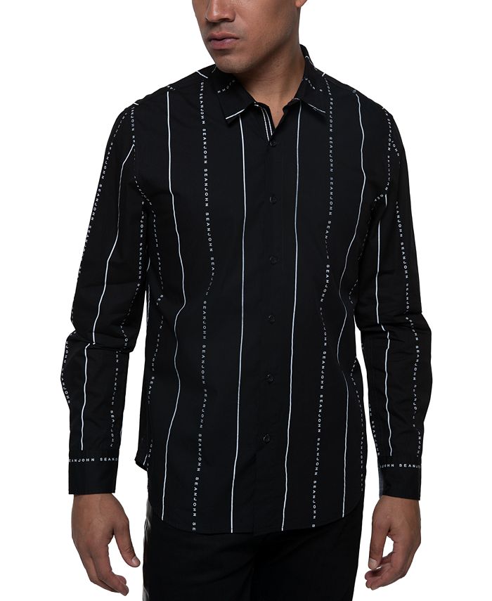 Sean John Men's Striped Logo Shirt Black Size Large