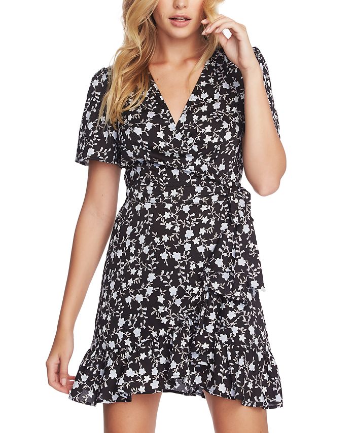 1.STATE Women's Romantic Vines Mini Floral Wrap Dress Black