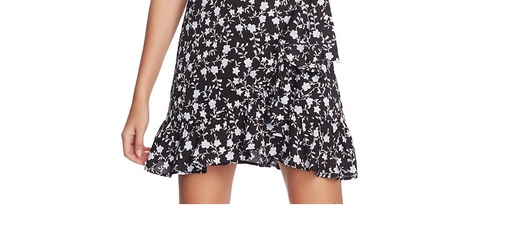 1.STATE Women's Romantic Vines Mini Floral Wrap Dress Black
