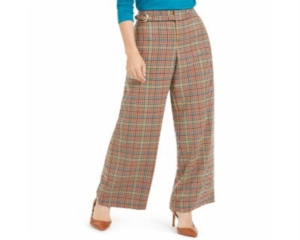 INC International Concepts Women's Belted Plaid Wide Leg Pants Green Size 4