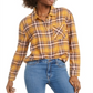 Ultra Flirt Women's Crop Top Collared Plaid Shirts Yellow Size Medium