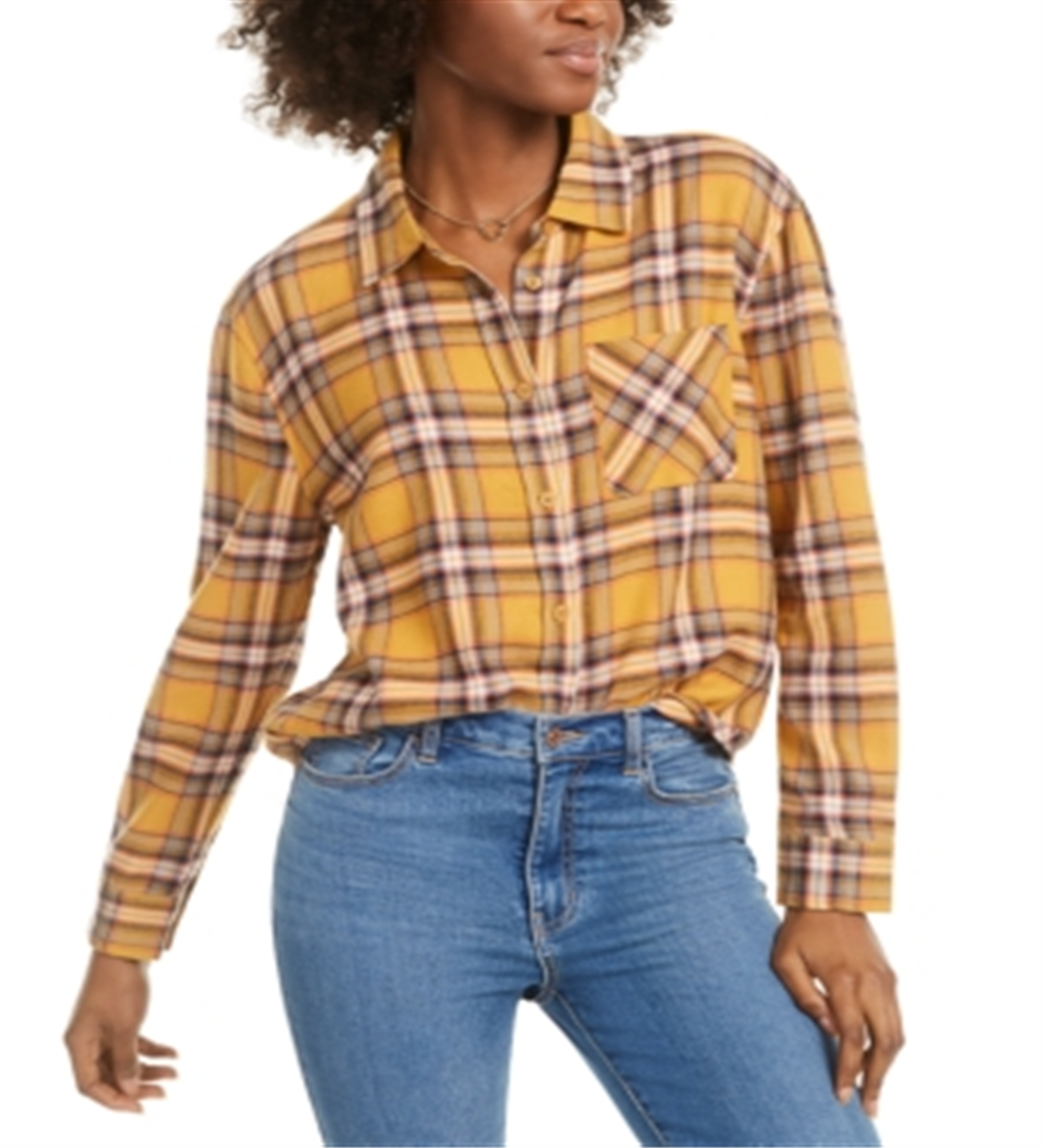 Ultra Flirt Women's Crop Top Collared Plaid Shirts Yellow Size Medium