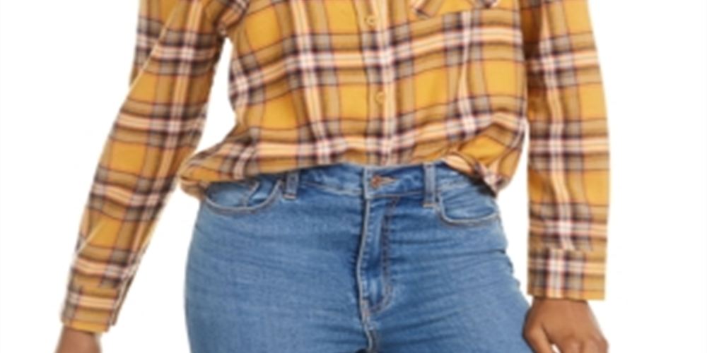 Ultra Flirt Women's Crop Top Collared Plaid Shirts Yellow Size Medium