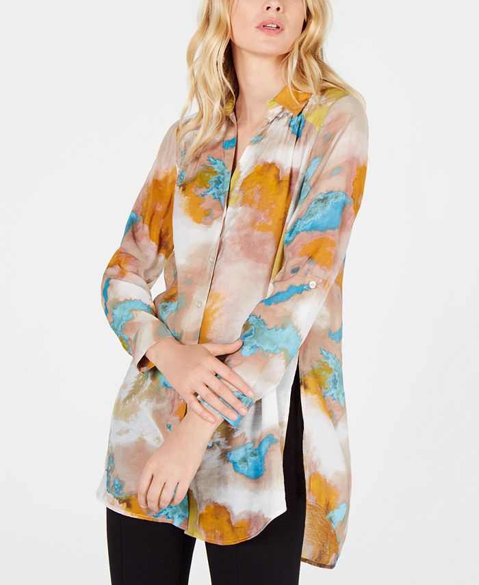 INC International Concepts Women'sPetite Watercolor Tunic Blouse Brown Size Petite S