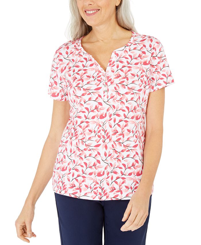 Karen Scott Women's Printed Henley Top Pink Size Medium