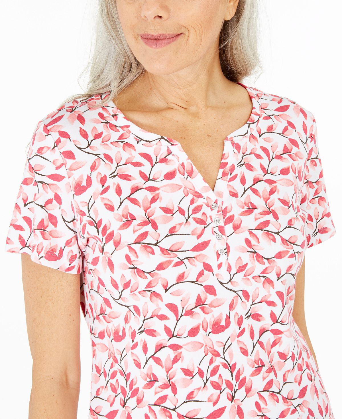Karen Scott Women's Printed Henley Top Pink Size Medium