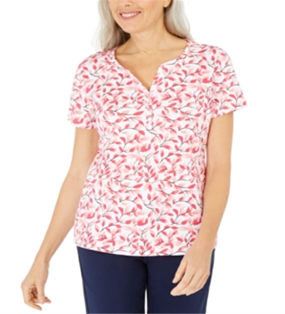 Karen Scott Women's Printed Henley Top Pink Size Medium