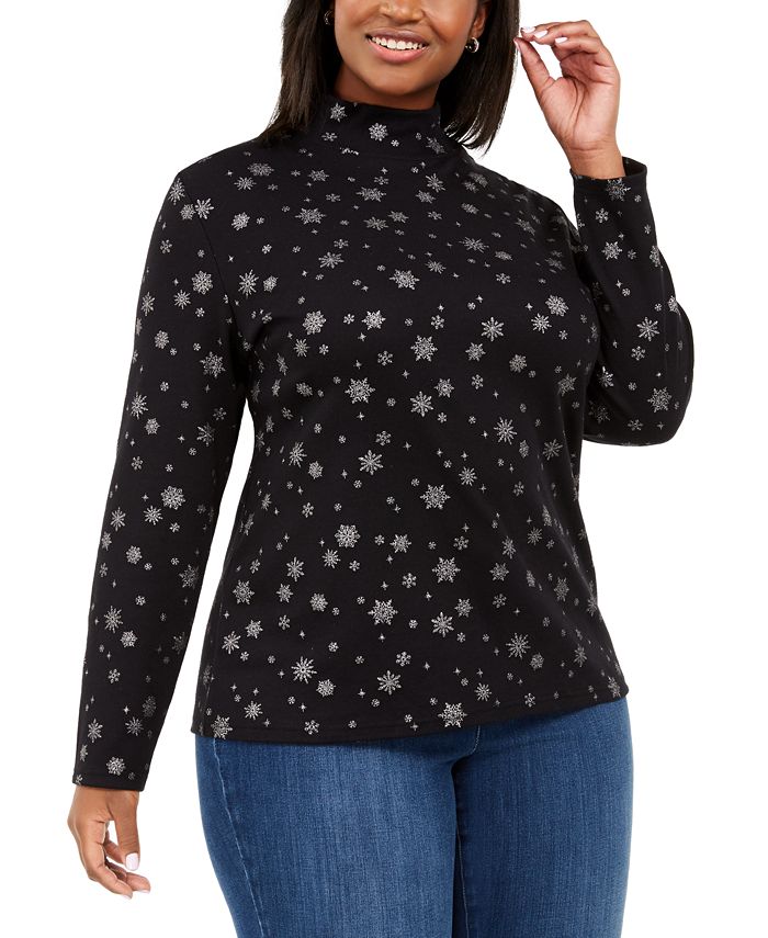 Karen Scott Women's Plus Snowy Glory Printed Mock Neck Top Black Size 0X