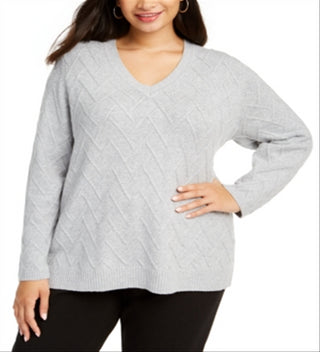 Calvin Klein Women's Plus Chevron Stitch V Neck Sweater Gray Size -0X
