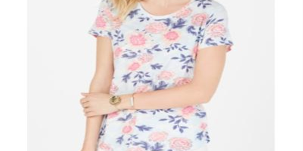 Style & Co Women's Cotton Floral Print Top Blue Size Large