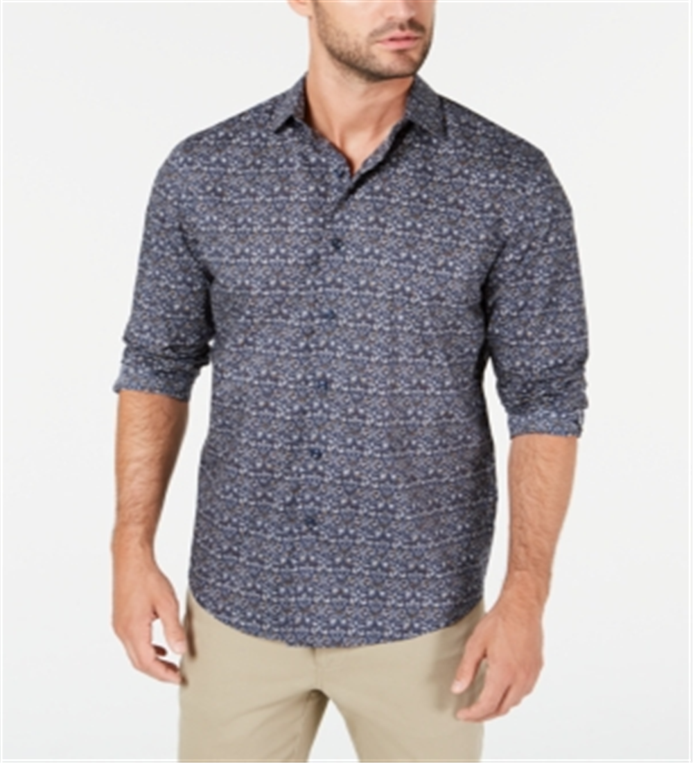 Tasso Elba Mens Cotton Tapestry Print Button-Down Shirt Blue Size 2XL