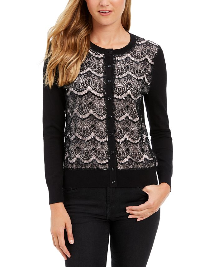 Charter Club Women's Lace Sequin Button Sweater -Black Size XX-Large