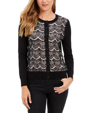 Charter Club Women's Lace Sequin Button Sweater -Black Size XX-Large