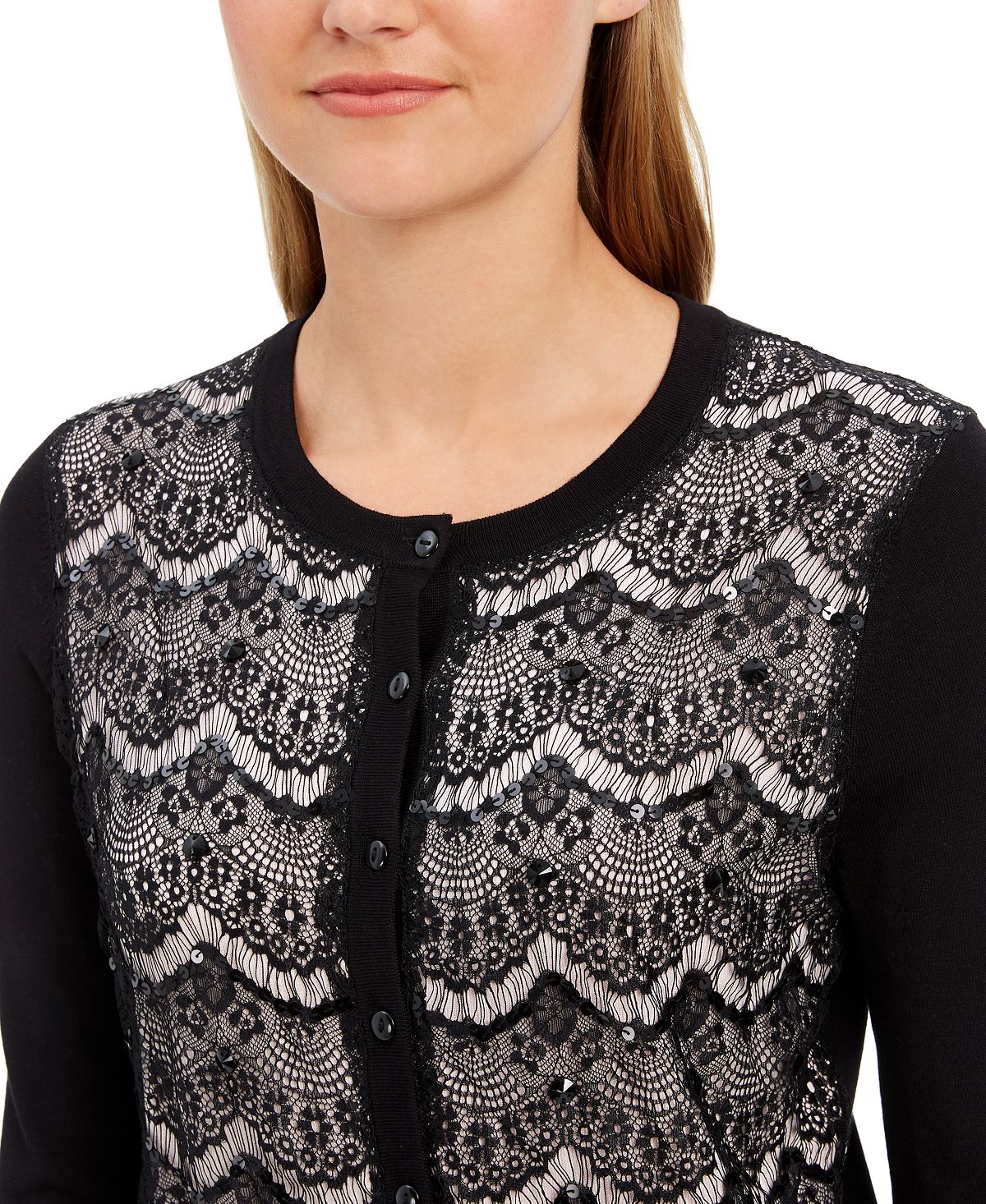 Charter Club Women's Lace Sequin Button Sweater -Black Size XX-Large