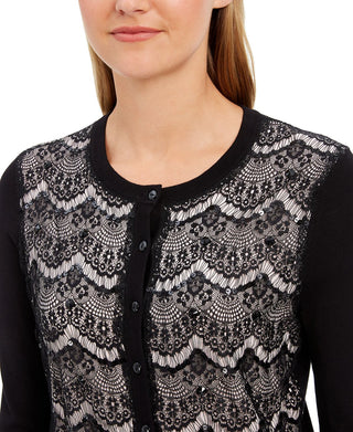 Charter Club Women's Lace Sequin Button Sweater -Black Size XX-Large