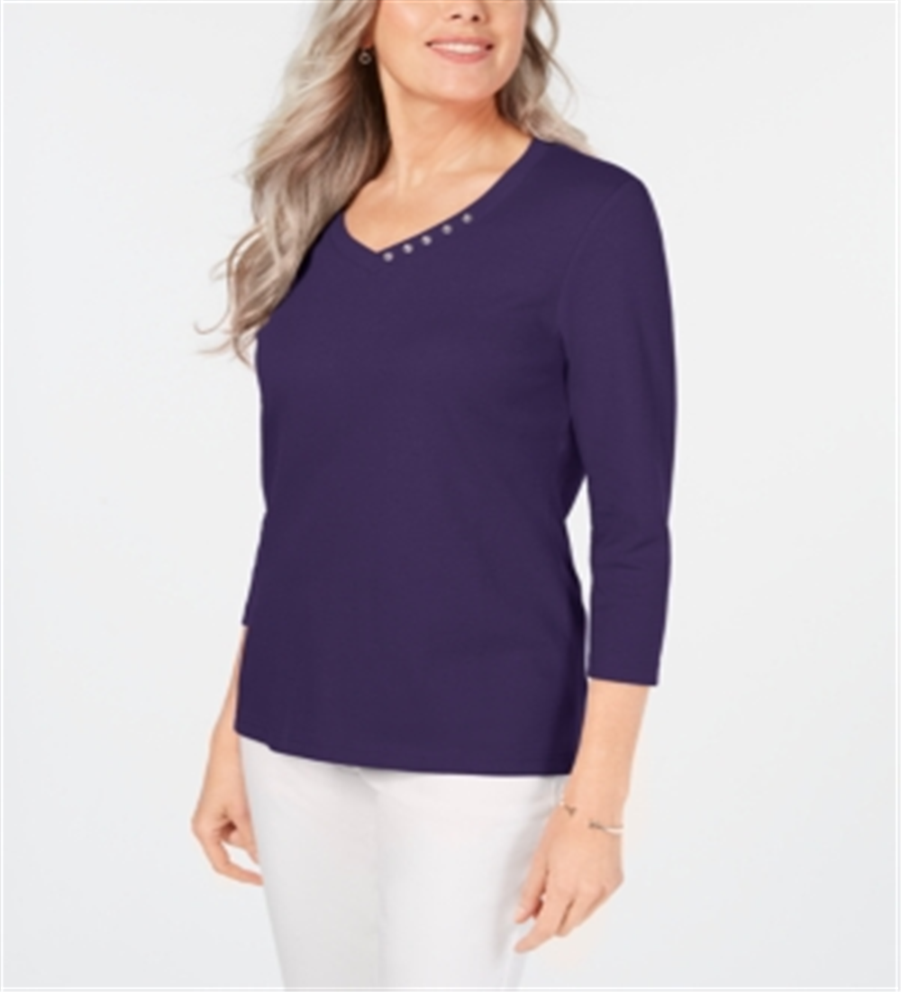 Karen Scott Women's Cotton V Neck Button Trim Top Purple Size M