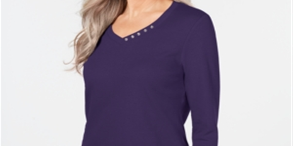Karen Scott Women's Cotton V Neck Button Trim Top Purple Size M