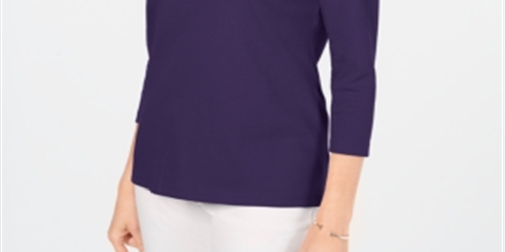 Karen Scott Women's Cotton V Neck Button Trim Top Purple Size M