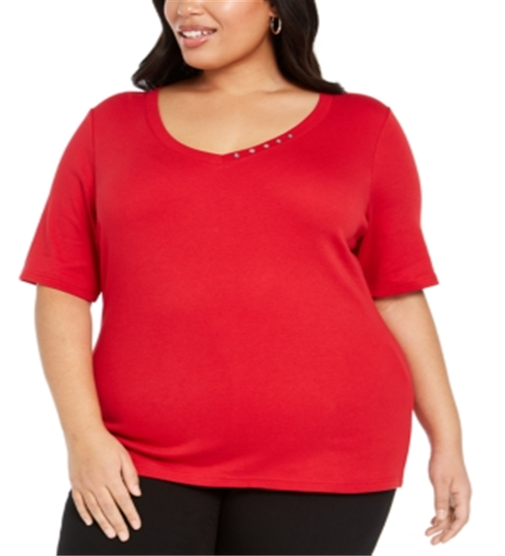 Karen Scott Women's Plus Cotton V Neck Top Red Size 2XL