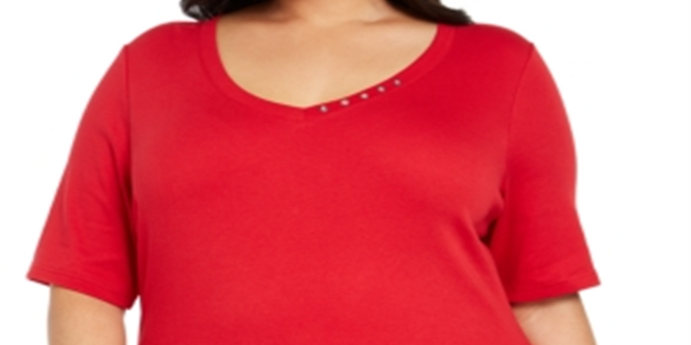 Karen Scott Women's Plus Cotton V Neck Top Red Size 2XL