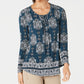 Style & Co Women's Teal Ikat Long Sleeve Scoop Neck Blouse Top Green Size Petite Small