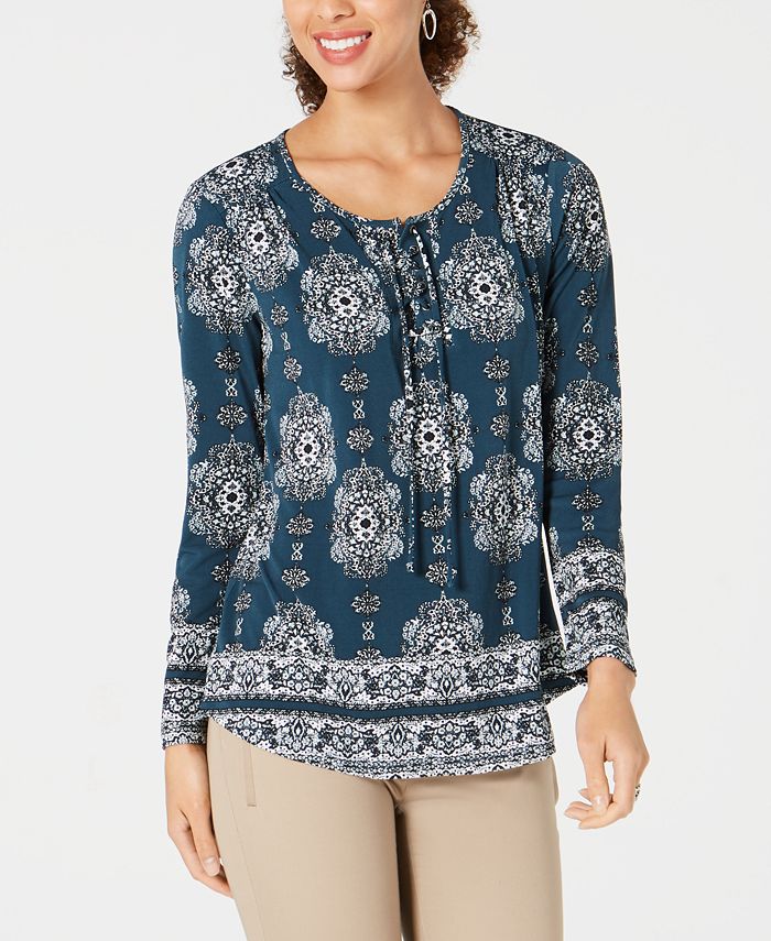 Style & Co Women's Teal Ikat Long Sleeve Scoop Neck Blouse Top Green Size Petite Small