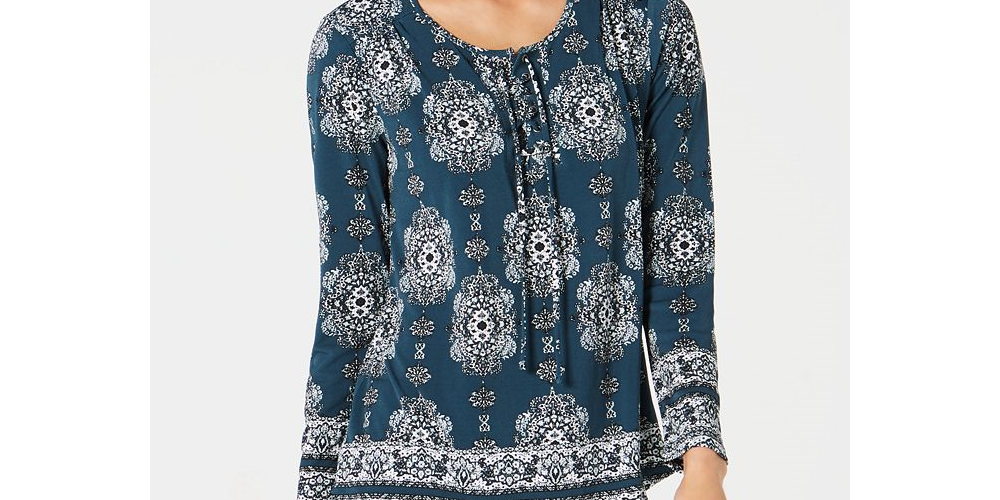Style & Co Women's Teal Ikat Long Sleeve Scoop Neck Blouse Top Green Size Petite Small