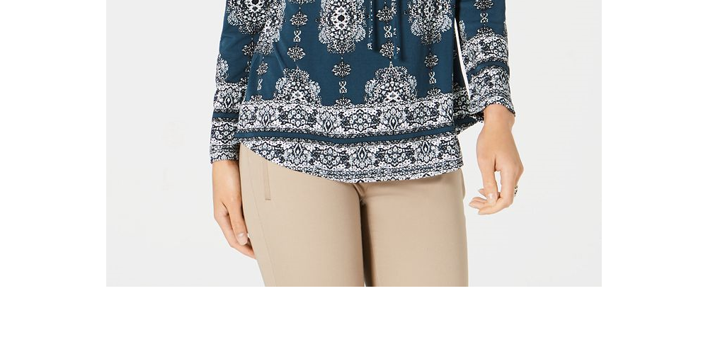Style & Co Women's Teal Ikat Long Sleeve Scoop Neck Blouse Top Green Size Petite Small