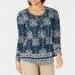 Style & Co Women's Teal Ikat Long Sleeve Scoop Neck Blouse Top Green Size Petite Small