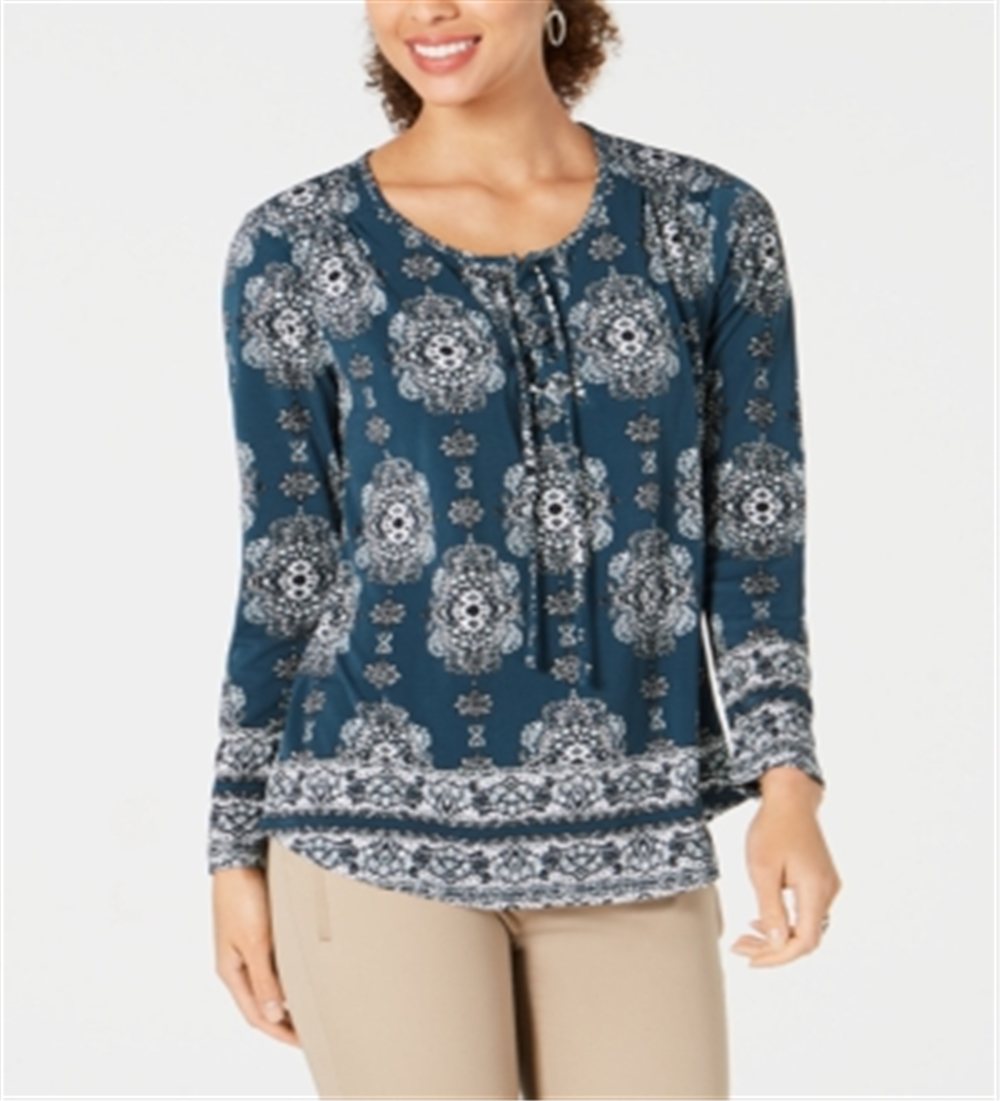 Style & Co Women's Teal Ikat Long Sleeve Scoop Neck Blouse Top Green Size Petite Small