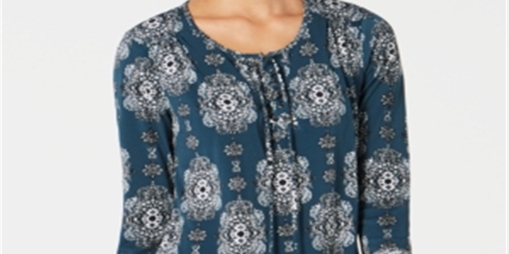 Style & Co Women's Teal Ikat Long Sleeve Scoop Neck Blouse Top Green Size Petite Small