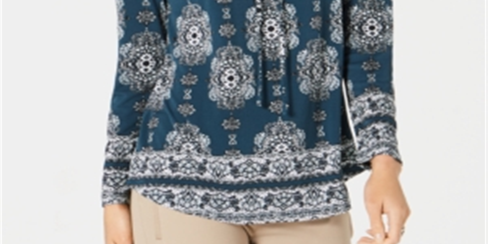 Style & Co Women's Teal Ikat Long Sleeve Scoop Neck Blouse Top Green Size Petite Small