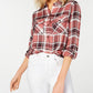 Polly Esther Women's Orange Utility Plaid Roll-tab Sleeve Collared Button up Top Red Size Large