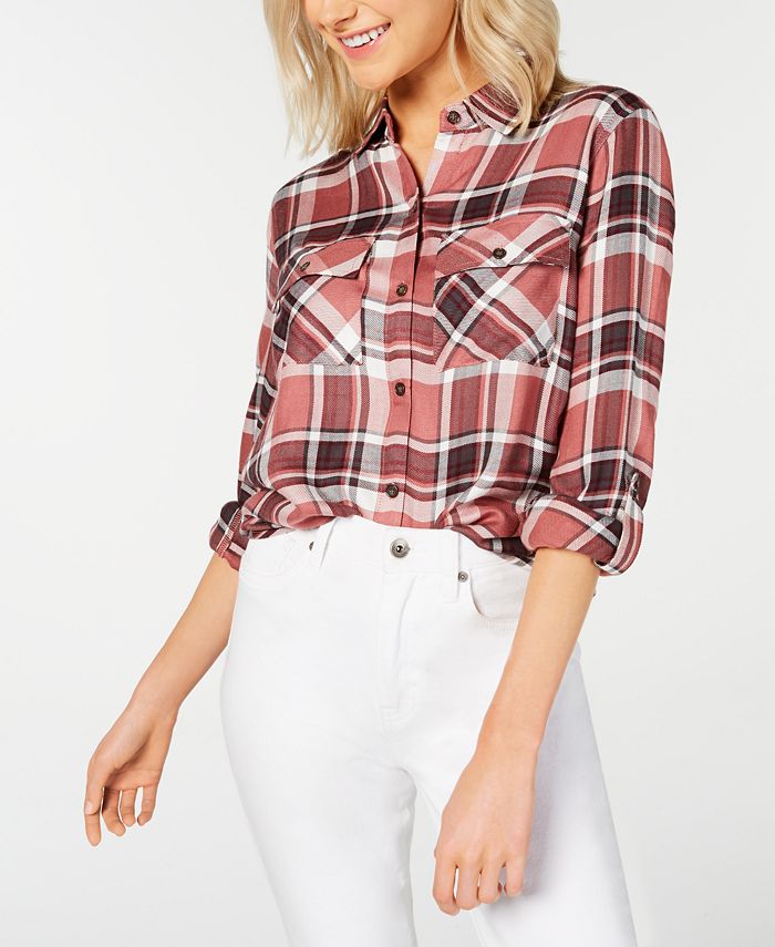 Polly Esther Women's Orange Utility Plaid Roll-tab Sleeve Collared Button up Top Red Size Large