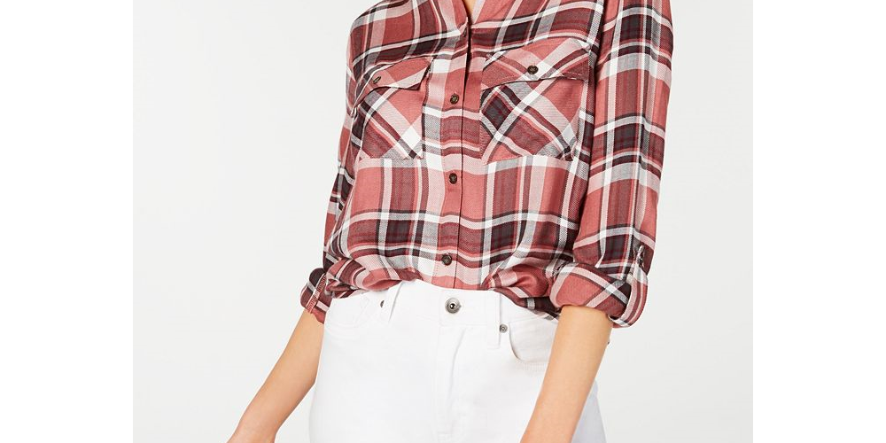 Polly Esther Women's Orange Utility Plaid Roll-tab Sleeve Collared Button up Top Red Size Large