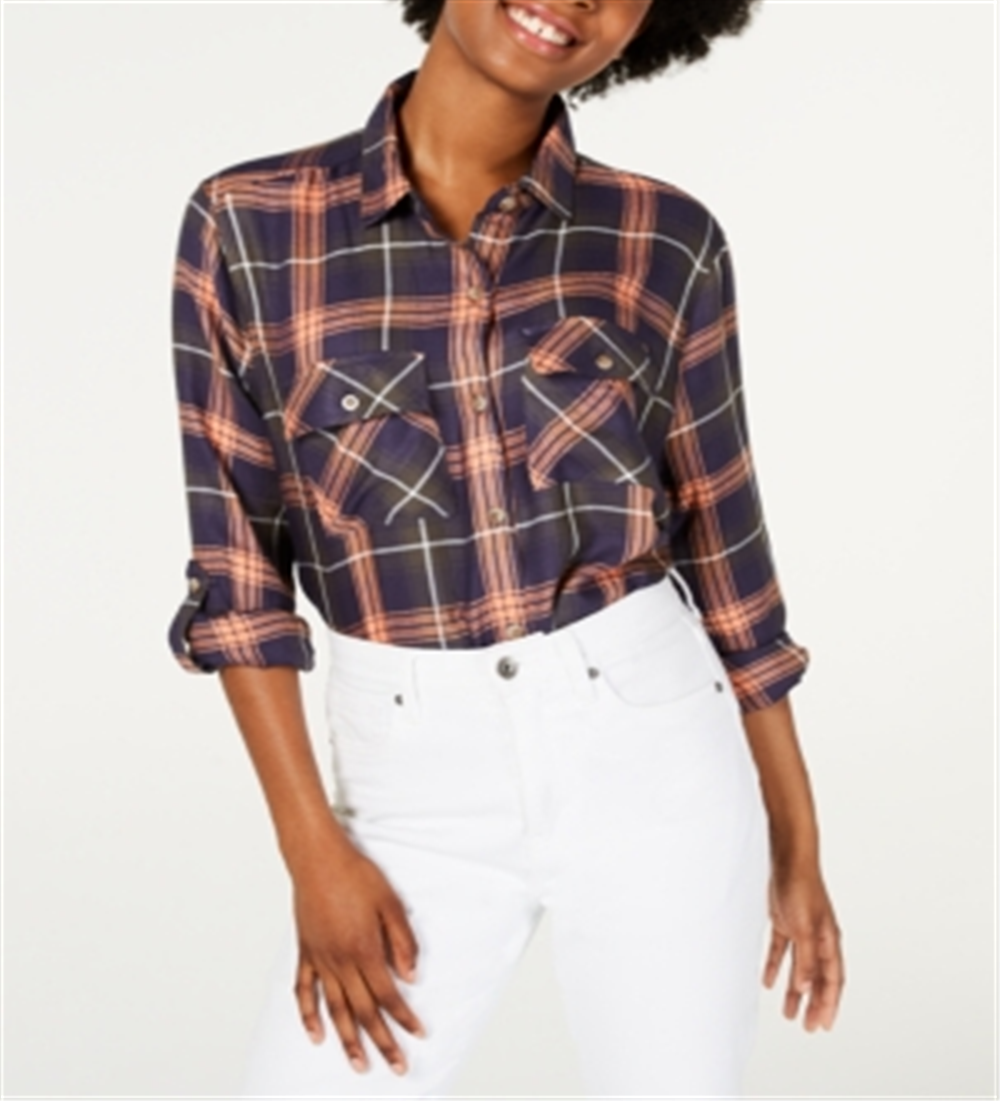 Polly Esther Women's Orange Utility Plaid Roll-tab Sleeve Collared Button up Top Red Size Large