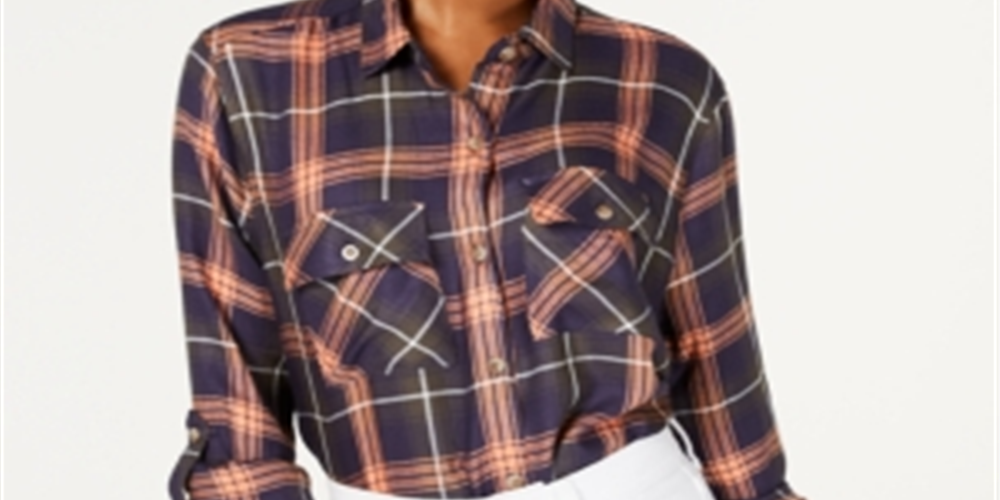 Polly Esther Women's Orange Utility Plaid Roll-tab Sleeve Collared Button up Top Red Size Large