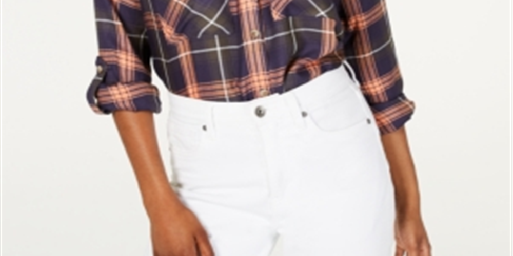 Polly Esther Women's Orange Utility Plaid Roll-tab Sleeve Collared Button up Top Red Size Large