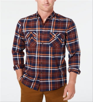 Club Room Men's Stretch Brushed Cotton Plaid Flannel Shirt - Dark Fudge Brown Size XL