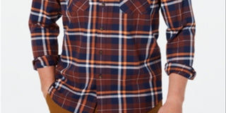 Club Room Men's Stretch Brushed Cotton Plaid Flannel Shirt - Dark Fudge Brown Size XL