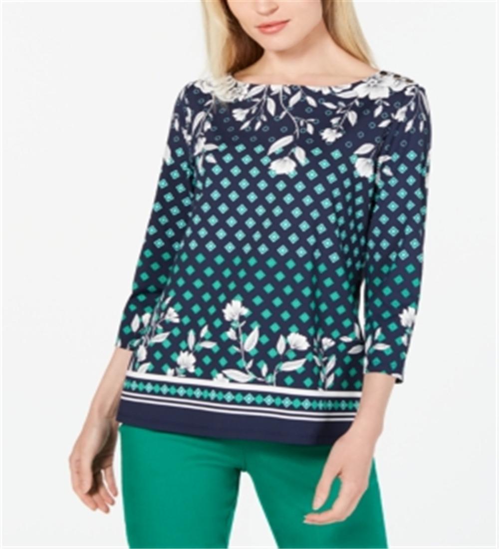 Charter Club Women's Floral Print Top Blue Size Petite L