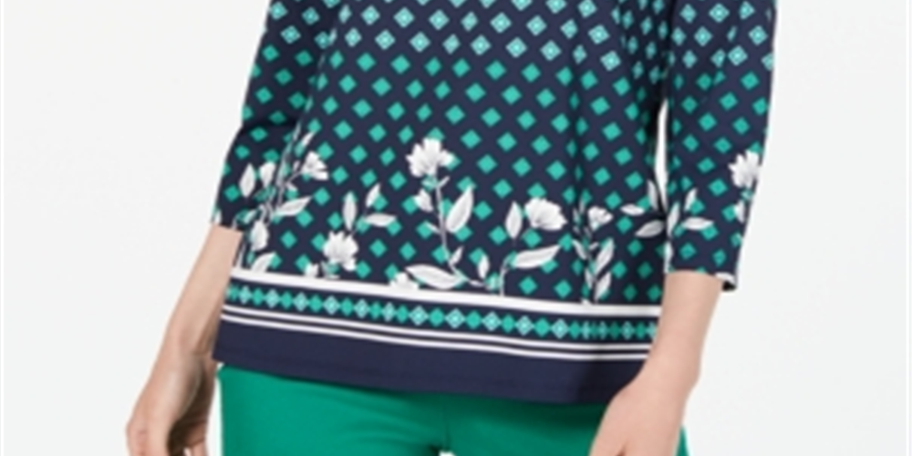 Charter Club Women's Floral Print Top Blue Size Petite L