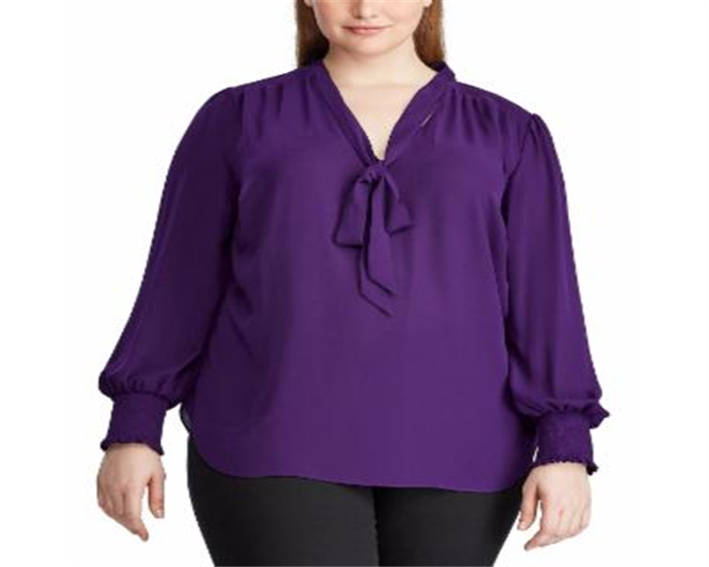 Ralph Lauren Women's Plus Tie Neck Georgette Top Purple Size 2XL