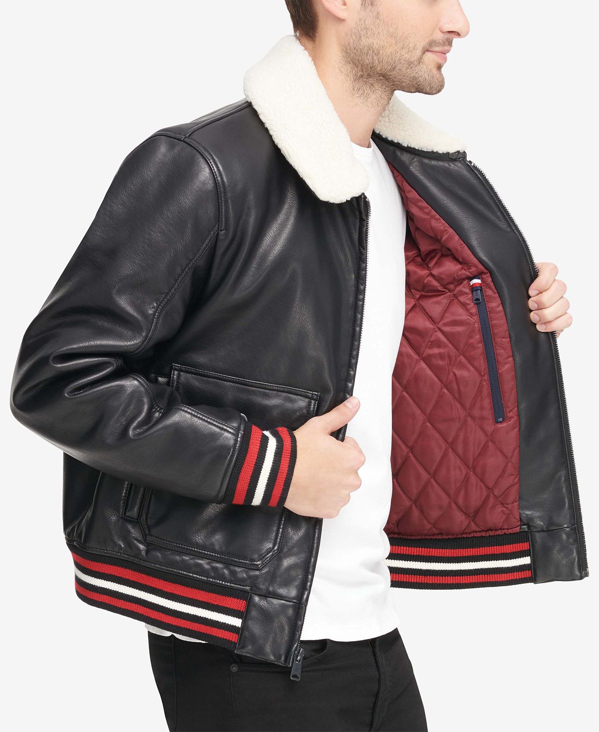 Modern American Men's Faux Leather Bomber Jacket Black Size Medium