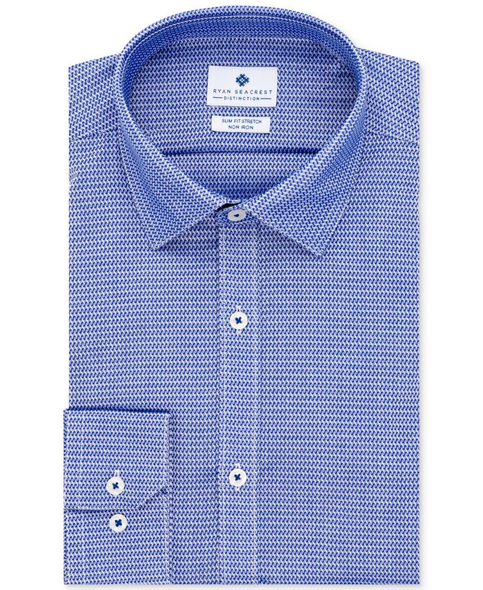 Ryan Seacrest Distinction Men's Ultimate Slim Fit Non Iron Performance Stretch Pattern Dress Shirt Blue Size L