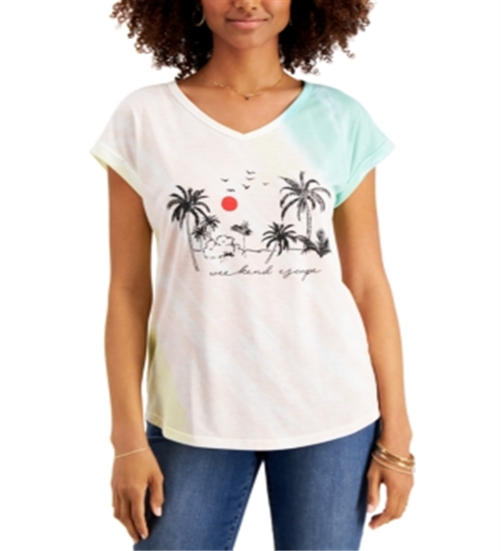 Style & Co Women's Weekend Escape Tie Dye Graphic T-Shirt White Size Medium